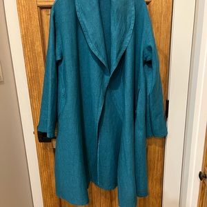 Bryn Walker dark teal linen duster with matching sleeveless long tunic.